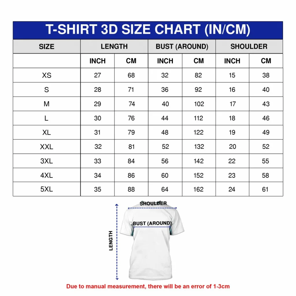 3D Shirt Size Chart Fox Print Tees