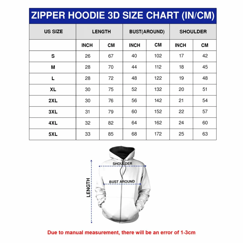 Zipper Hoodie Size Chart Fox Print Tees