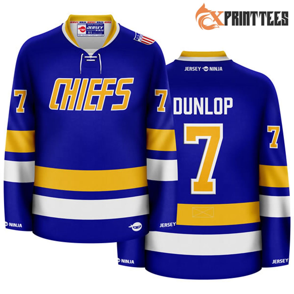 Charlestown Chiefs Blue Reggie Dunlop Hockey Jersey 5 Fox Print Tees printed apparel product photo
